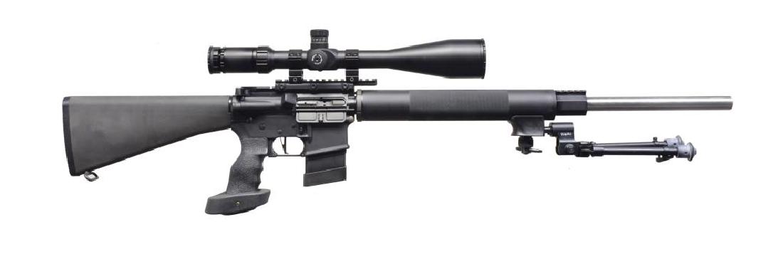 ROCK RIVER ARMS MODEL LAR-15 VARMINT A4 SEMI AUTO: RIFLE. Cal. 5.56 NATO. S# AC2010922. Air gauged 24" stainless bull bbl. w/ very desirable 1/8 twist. Low profile gas block w/ integral accessory at top. Knurled rnd. 12" black aluminum handguard w/ ha
