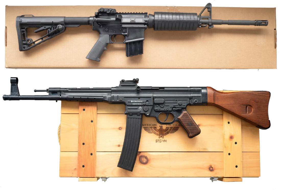 2 SEMI AUTO RIFLES.: 1) COLT MODEL M4 (LE6920) CARBINE. Cal. 5.56mm NATO. S# LE197411. Introduced 2012 w/ 16.1" M4 configured 1/7 twist bbl. w/ A2 flash hider. Flat top upper w/ MBUS rear sight. Standard A2 front sight w/