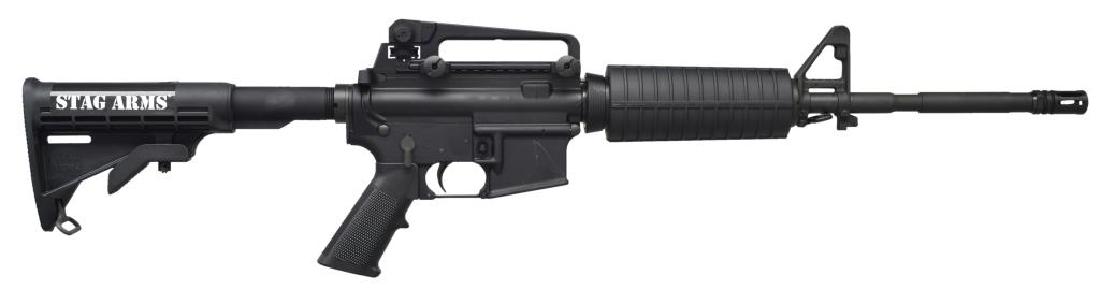 STAG ARMS STAG-15L M4 SEMI AUTO RIFLE.: Cal. 5.56mm. S# 223580. Bbl. 18" chrome lined over A2 flash hider. 1:7" Button rifling. Thermoplastic w/ double heat shield handguard. Forged aluminum upper & lower receiver w/ black anodized finish. 