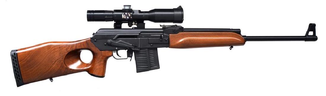 IZHMASH MODEL SALGA 308-1 SEMI AUTO RIFLE.: Cal. 308 Win. S# H07742435. Sporting configuration w/ attractive smooth hardwood thumb hole stock set having swivels, recoil pad, & grip cap. Military style sights, yet rear marked only 1, 2 & 3. Impo