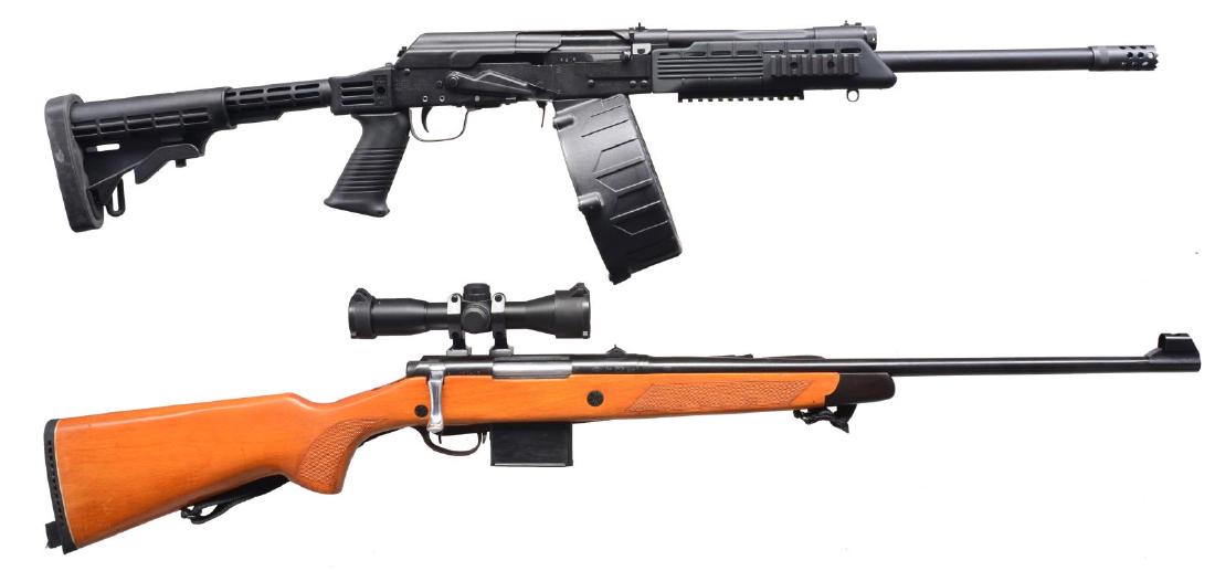 2 MODERN LONGARMS.: 1) IZHMASH MODEL SAIGA-12 SEMI AUTO SHOTGUN. Cal. 12 Ga. S# H09403180. Mfg. 2009 in Russia & imported by Russian American Armory. 19" Bbl. fitted w/ SGM Tactical breeching muzzle brake. Simple bead & 