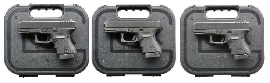 3 GLOCK MODEL 30 GEN. 4 SEMI AUTO PISTOLS.: 2 CONSECUTIVELY NUMBERED. ALL: cal. 45 ACP. Compact Gen. 4 models w/ accessory rails & fixed sights; white outline rear & dot front. Matching numbered slides & bbls. MAGS: 9 factory 10 rd. mags. UNATT