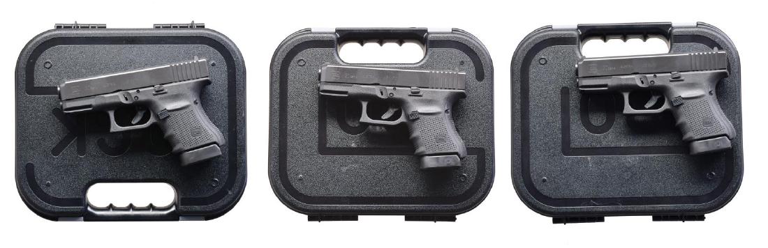 3 CONSECUTIVE GLOCK MODEL 30 GEN. 4 SEMI AUTO: PISTOLS. ALL: cal. 45 ACP. Compact Gen. 4 models w/ accessory rails & fixed sights; white outline rear & dot front. Matching numbered slides & bbls. MAGS: 9 factory 10 rd. mags. UNATTACHED ACCESSORIES