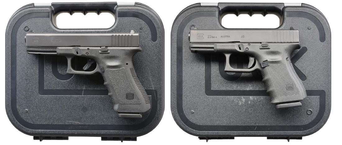 2 GLOCK SEMI AUTO PISTOLS.: 1) MODEL 22 GEN. 3. Cal. 40 S&W. S# UWW011. Matching numbered 4.48" bbl. & slide w/ fixed white outline & dot sights. Frame w/ hooked checkered trigger guard, thumb recesses & accessory rail. MAGS: 2 