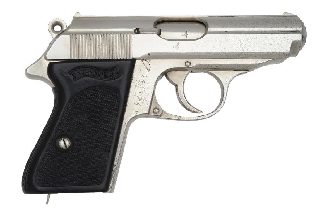 CUSTOM WALTHER MODEL PPK SEMI AUTO PISTOL.: Cal. 32 ACP. S# 343124k. Nickel plated "K" suffix model mfg. 1941 w/ eagle "N" proofs. Lanyard loop on butt having checkered Walther banner plastic grip. Mismatched scratch numbered slide. MAGS: NONE.