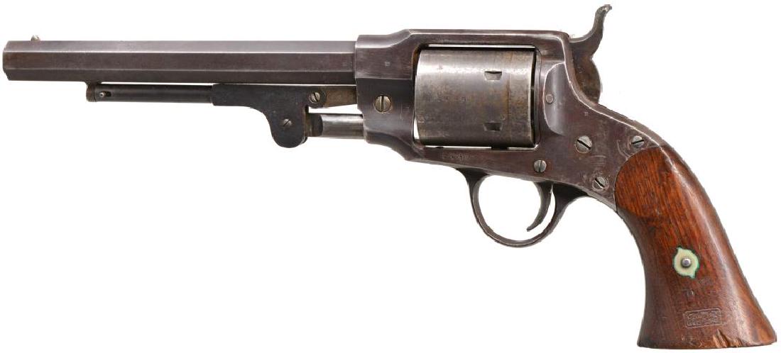 ROGERS & SPENCER ARMY MODEL CONVERSION REVOLVER.: Cal. 44 CF. S# 2649. Bbl. 7 1/2" oct. Bbl., receiver & several sm. parts have "B" inspectors initial. 2 Piece walnut grips w/ clear cartouche on left side. Original 6 shot rnd. cyl. has bored through 