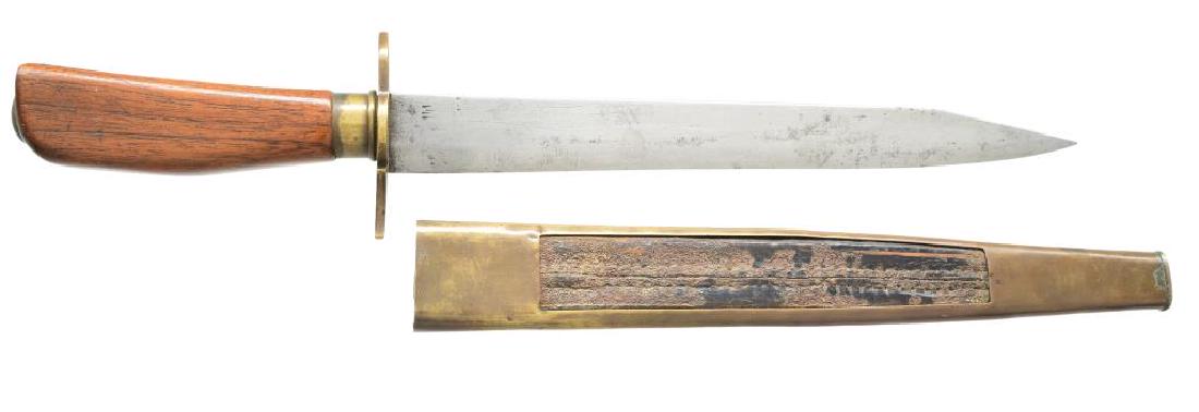 FINE ANTEBELLUM OR CONFEDERATE BRASS MOUNTED BOWIE: KNIFE. Overall length: 15 1/2". Blade length: 10 1/2". This very well made bowie w/ a clip point blade was made by excellent craftsmen who truly mastered brass & woodwork. The blade, well honed, from 