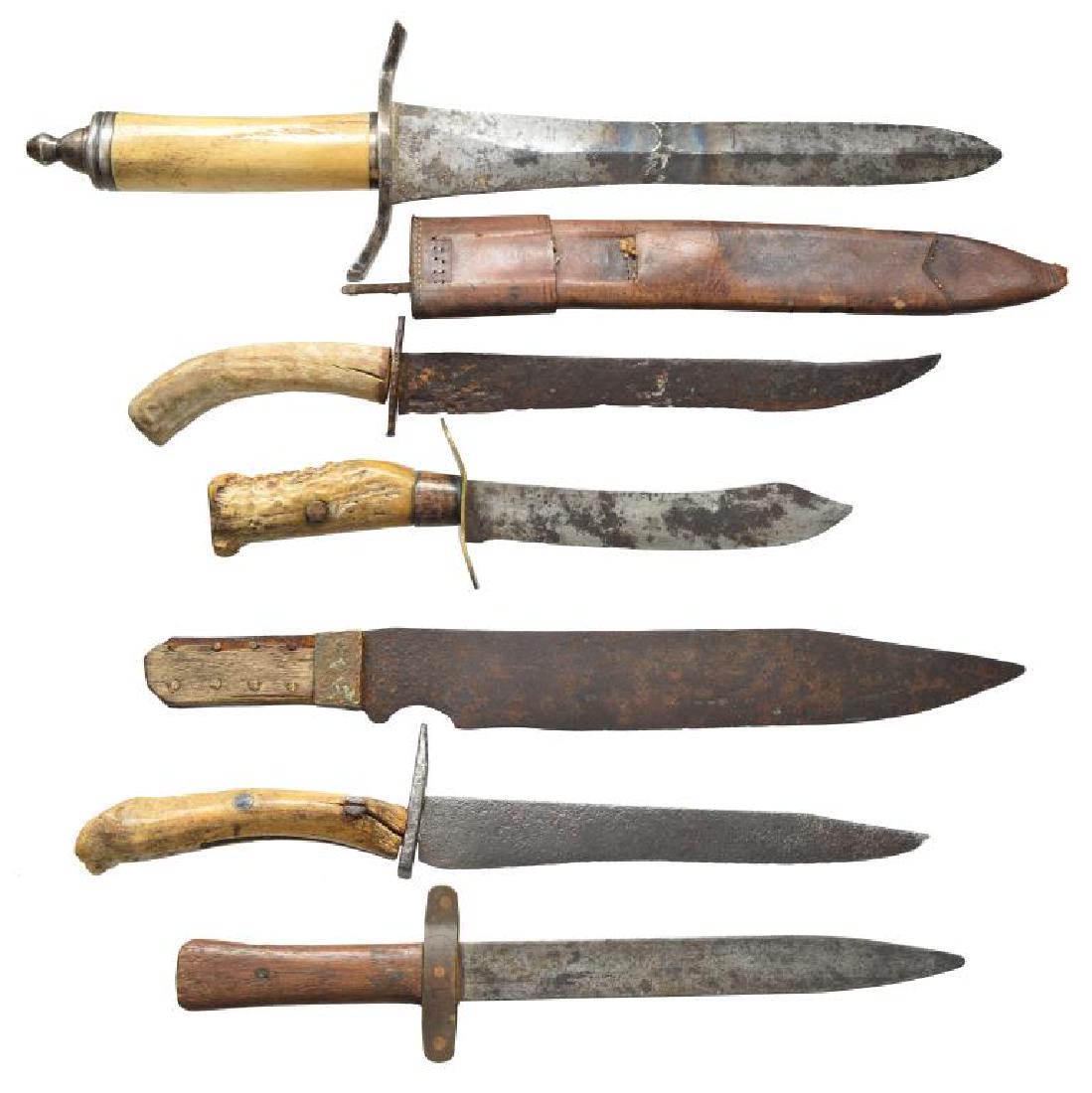 6 BOWIE KNIVES.: 1) Overall length: 18". Blade length: 12". Lg. bone handled "W. SINGLETON & CO. / SHEFFIELD" marked bowie w/ integral sheath catch mounted through guard. This knife was once in the collection of Jim D