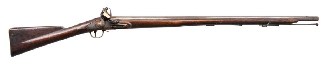 3RD MODEL TYPE 2 BROWN BESS FLINTLOCK MUSKET.: Cal. 75. NSN. Bbl. measures approx. 39". Bbl. has 3 proofs on the left side. Lock is marked in front of the hammer "WOOLLEY SARGANT & FAIRFAX" w/ a very tiny "WSF" stamp under the pan spring. Behind t