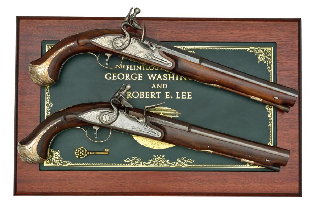 WASHINGTON & LEE COMMEMORATIVE FLINTLOCK PISTOLS.: Cals. 69. S#'s 110A & 110B. Reproductions issued by the United States Historical Society of Barker pistols from Washington & Lee University. The original pistols were owned by George Washington, given
