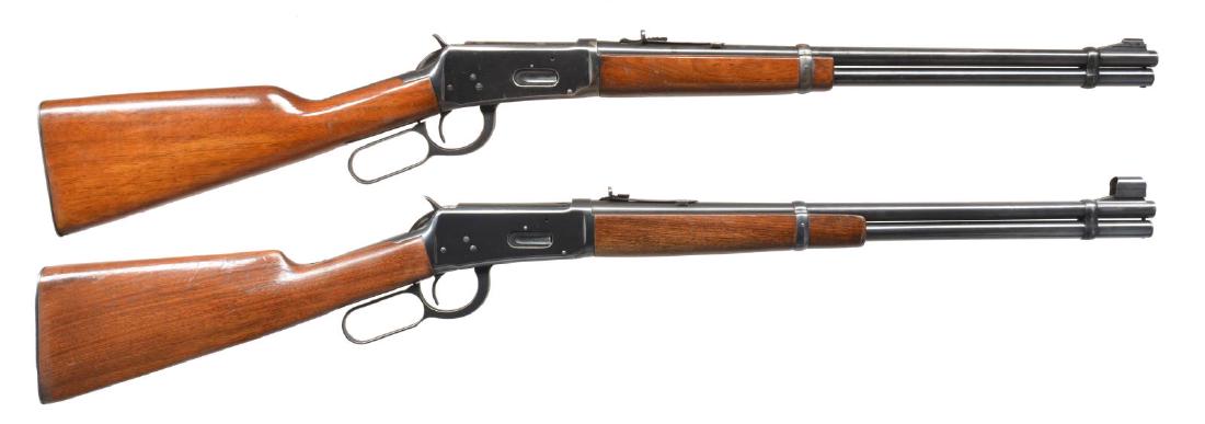 2 WINCHESTER MODEL 94 PRE 64 LEVER ACTION: CARBINES. 1) Cal. 30-30 Win. S# 2075907. Bbl. 20". Elevation adj. buckhorn rear sight & fixed ramp style front. Blued steel action, bbl. & mag. tube. Mfg. 1954. Straight grip stock w/ checkered steel 