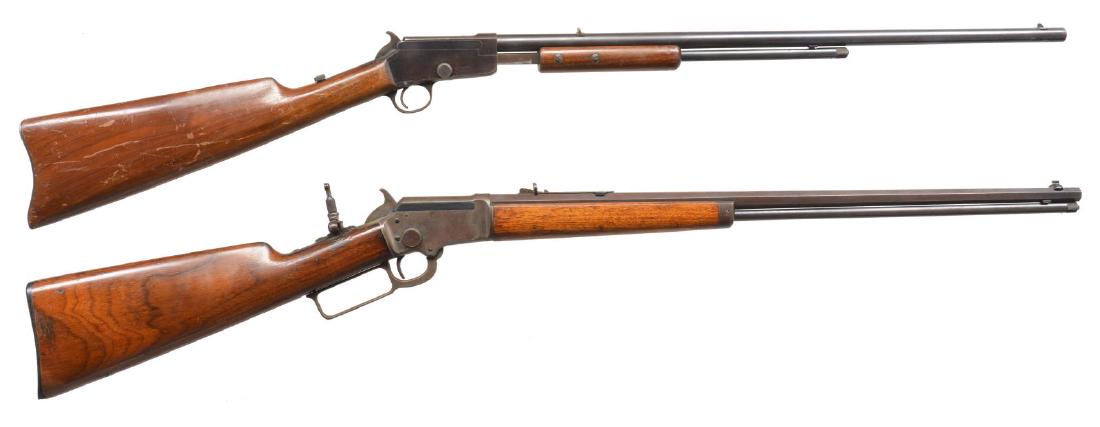 2 MARLIN RIFLES.: 1) NO. 25 SLIDE ACTION. Cal. 22 Short & CB caps. S# 7958. Bbl. 23" rnd. w/ blade front sight & fixed V notch rear sight. 2/3 Length tubular mag. Lightweight exposed hammer action. Smooth rnd. walnut f