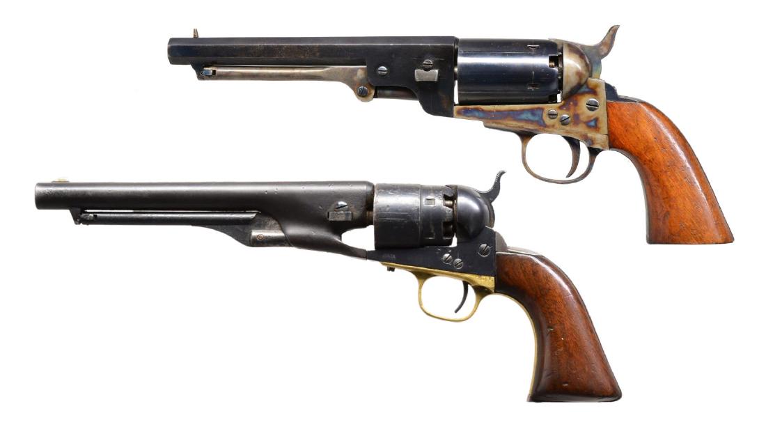 2 COLT 1860 ARMY REVOLVERS.: BOTH: Cal. 44. 1) S# 57808. Bbl. 8" w/ creeping loading lever. Military proof marks. Brass front strap w/ iron backstrap slotted for stock. All matching numbers except for cyl. which is numbered 7308.
