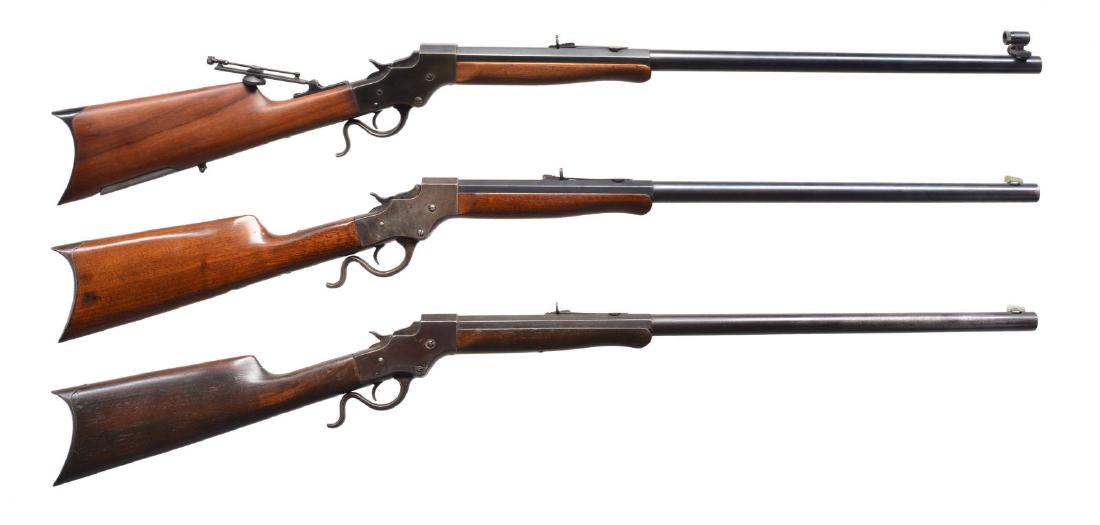 3 STEVENS MODEL 44 FALLING BLOCK RIFLES.: 1) MODEL 44 IDEAL. Cal. 25-20 Single Shot. S# 30431 Mfg. 1896-1933 w/ 26" No. 2 matching numbered part rd. part oct. bbl. Sporting rear sight w/ elevator & windage adj. front sight nicely mfg. from pa