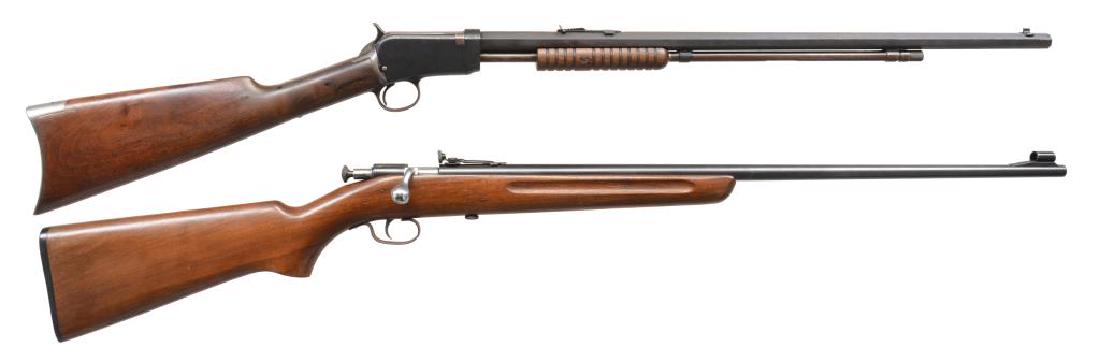 2 WINCHESTER RIMFIRE RIFLES.: 1) 1890 THIRD MODEL PUMP. Cal. 22 WRF. S# 677677A. Bbl. 24" octagon. Sporting sights. Grooved walnut forearm & straight grip stock w/ crescent steel buttplate. CONDITION: bbl. & receiver retain 90% ma
