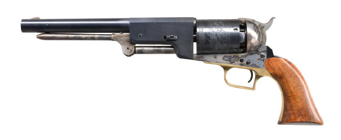 ITALIAN REPRO. WALKER CAP AND BALL REVOLVER.: Cal. 44. S# 63143. Bbl. 9". Top of bbl. marked "ADDRESS SAMl COLT NEW-YORK CITY". Right side above wedge marked "U.S. 1847". Underside of bbl. marked "A.S.M. - BLACKPOWDER ONLY MADE IN ITALY". Right s