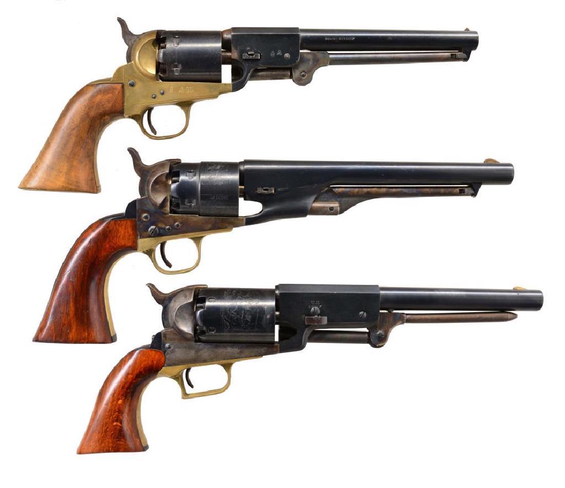 3 ITALIAN REPRO. PERCUSSION REVOLVERS.: 1) NAVY ARMS 1860 REB. GRISWOLD & GUNNISON. Cal. 36. S# 180339. Mfg. by Pietta 1979 or 1980 (dbl. stamped date code of AE or AF). Brass frame & trigger guard w/ blued bbl. & unfluted cyl. plus case co