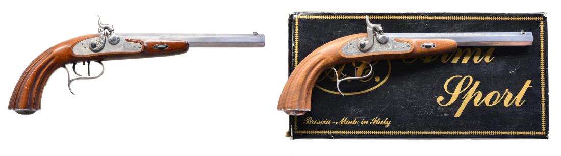2 ARMI SPORT LEPAGE PISTOLS. 1 REPRODUCTION.: 1) ARMI SPORT / INVESTARM NAPOLEAN. Cal. 44. S# L34917. Mfg. 1989 (discontinued 1994) in Italy as copy of Napolean Le Page pistol. Satin finished fluted gripped walnut stock w/ silver grip cap, finger