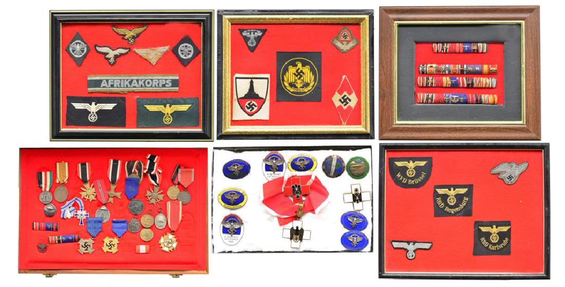 LARGE GROUP OF WWII GERMAN MEDALS, RIBBONS,: CLOTH & GORGET. This lg. & varied lot includes original & reproduction material. Please read the description carefully. 1) Framed group of original medals w/ ribbons otherwise noted. Group includes a