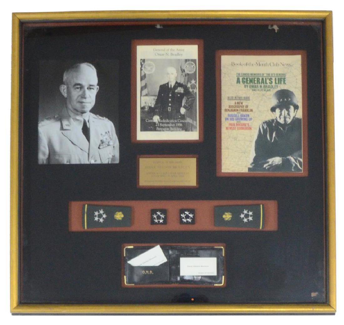 5 STAR GENERAL OMAR N. BRADLEY GROUP.: This 28 3/4" x 27" framed group includes an original photograph of Omar Bradley in a khaki uniform, a signed copy of "A General's Life" & a program for the Omar N. Bradley Corridor Rededication Ceremo