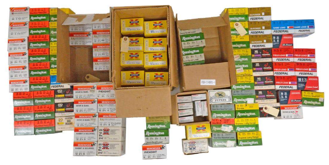 96 BOXES OF SHOTSHELLS & LARGE LOT OF RIFLE &: PISTOL AMMO. 1) SHOTSHELLS. Mixed gauges, brands & sizes. 20 GA.: 27 Boxes, predominantly 2 3/4" #6 & #7 1/2 shot. Federal, Remington & Winchester. 16 GA.: 20 Boxes, predominantly #6 & #7 1/2 shot. Al