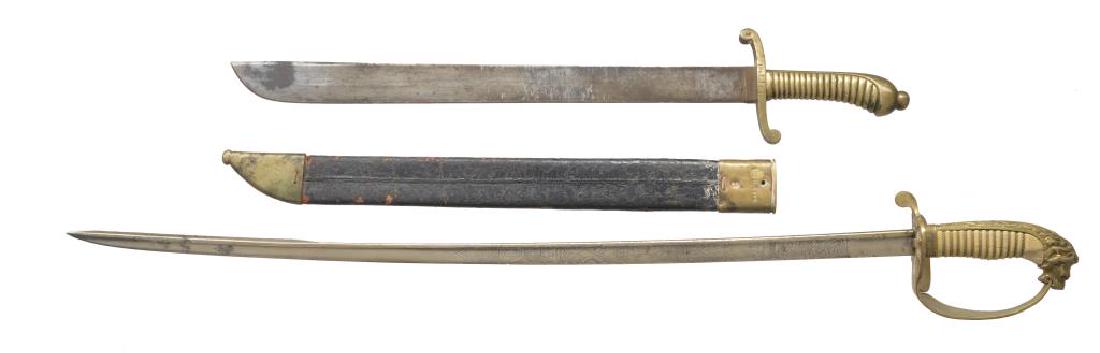 13 SWORDS & OTHER EDGED WEAPONS.: 1) PRUSSIAN M1845 FUSILIERS FALCHION. Overall length: 24 3/4". Blade length: 19 1/4". Flat blade marked at the ricasso "P.D.L." in an oval on 1 side w/ crowned initials on the other side. Solid brass 