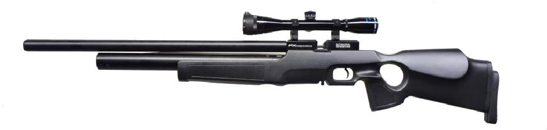 FX INDEPENDENCE PRE CHARGED PNEUMATIC PELLET: RIFLE. Cal. .177 / 4.5mm. 1000 FPS. S# FX5038. Bbl. 19.7" smooth twist in aluminum shroud. Single shot bolt action loading from 16 rd. mag. Aluminum air tank w/ built in high pressure side lever pump