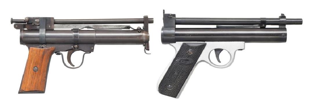 MAHELY PELLET PISTOL & COGSWELL & HARRISON AIR: PISTOL. 1) MAHELY MODEL 51 PELLET PISTOL. Cal. .177 / 4.5mm Pellet. S# 2150. Bbl. 8 1/8" rifled. Bbl. cock single shot action. Blade front sight w/ square notch adj. rear sight. Blued bbl. & compressi