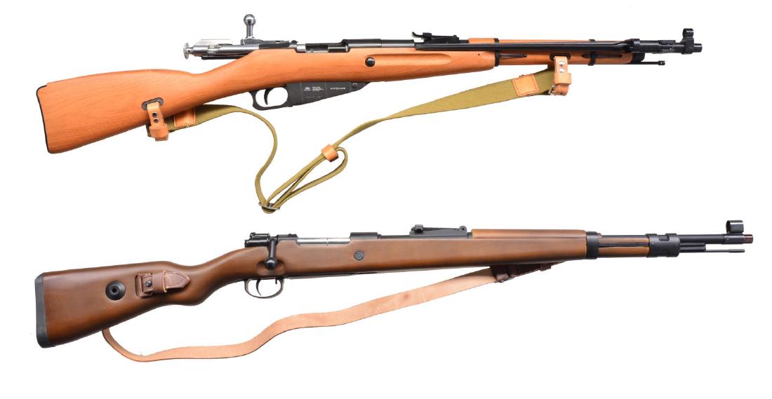 2 MILITARY LOOKALIKE CO2 POWERED AIR GUNS.: 1) GLETCHER M1944 AIR RIFLE. Cal. .177 BB / Pellet Rifle. S# 31MRC1102. CO2 operated pneumatic rifle w/ appearance of the famous Mosin Nagant M1944 carbine. Metal action. Wood grained polymer stock. F