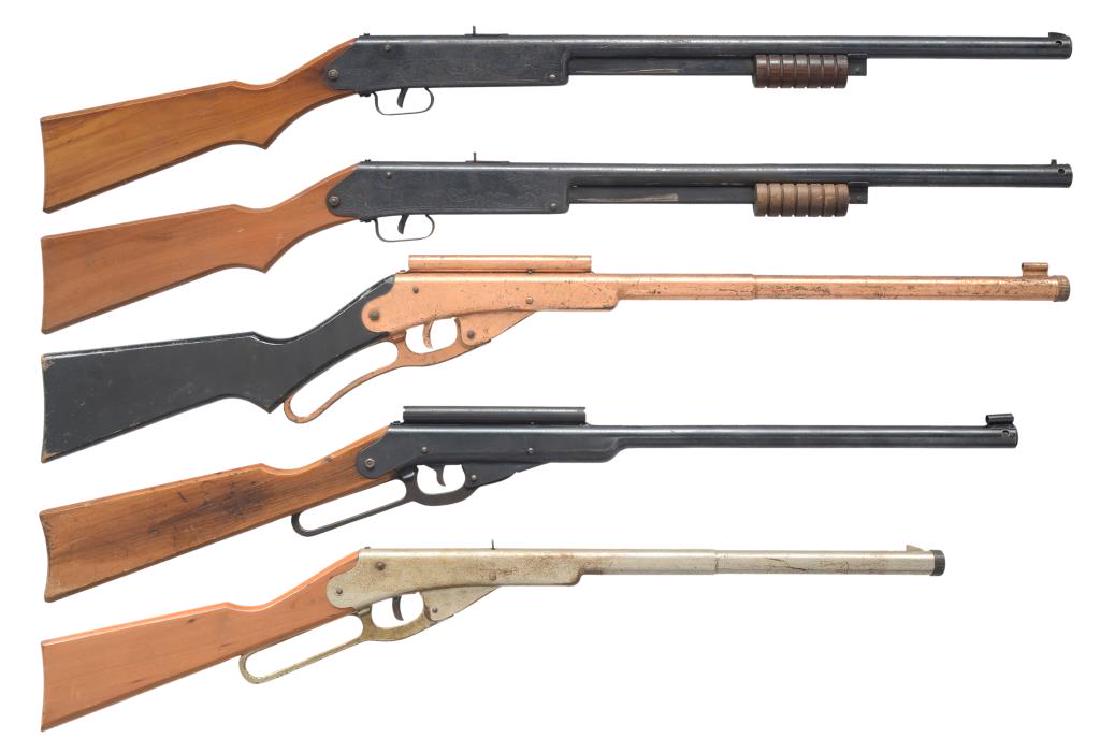 5 DAISY PRE WWII AIR RIFLES.: 1) MODEL 50 GOLDEN EAGLE LEVER ACTION REPEATER. Cal. BB / .175. Very scarce model mfg. 1936-1940 to commemorate Daisy''s 50th anniversary. Overall length: 35 1/2". Action is fitted w/ a sight tube & i