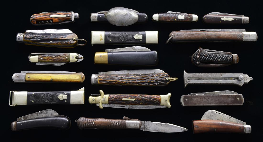 19 VINTAGE FOLDING KNIVES.: 1) 4 5/8" Single blade marked "ENCORE, T TURNER BEST STEEL". British rigging knife. Heavy stag scales. Blade shows moderate use, scratches & pitting. Pivot pin may have been replaced. 2) 5 3/8" Single