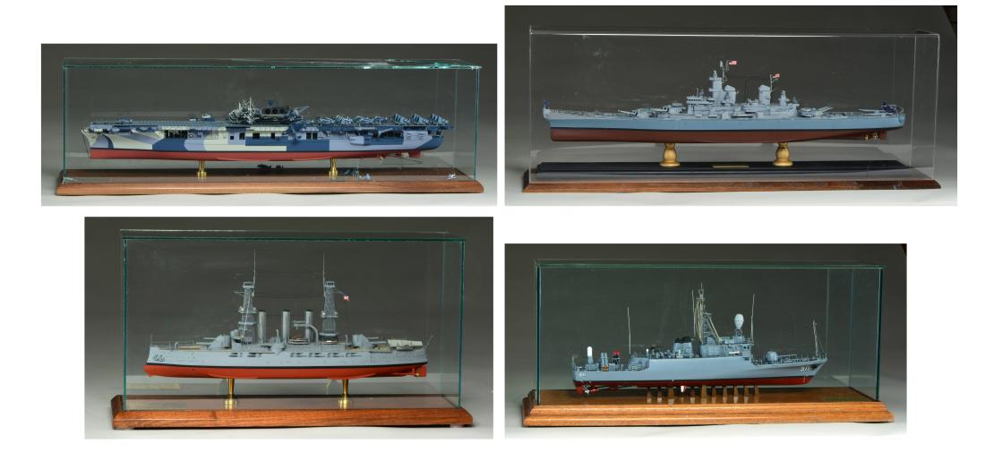 4 CASED SHIP MODELS.: 1) USS ENTERPRISE CV6. "The Big E". Launched in 1936. A Yorktown class carrier. The most decorated US ship in WWII. Case measures 30.5" x 14" x 11". CONDITION: ship & case in need of extensive repairs