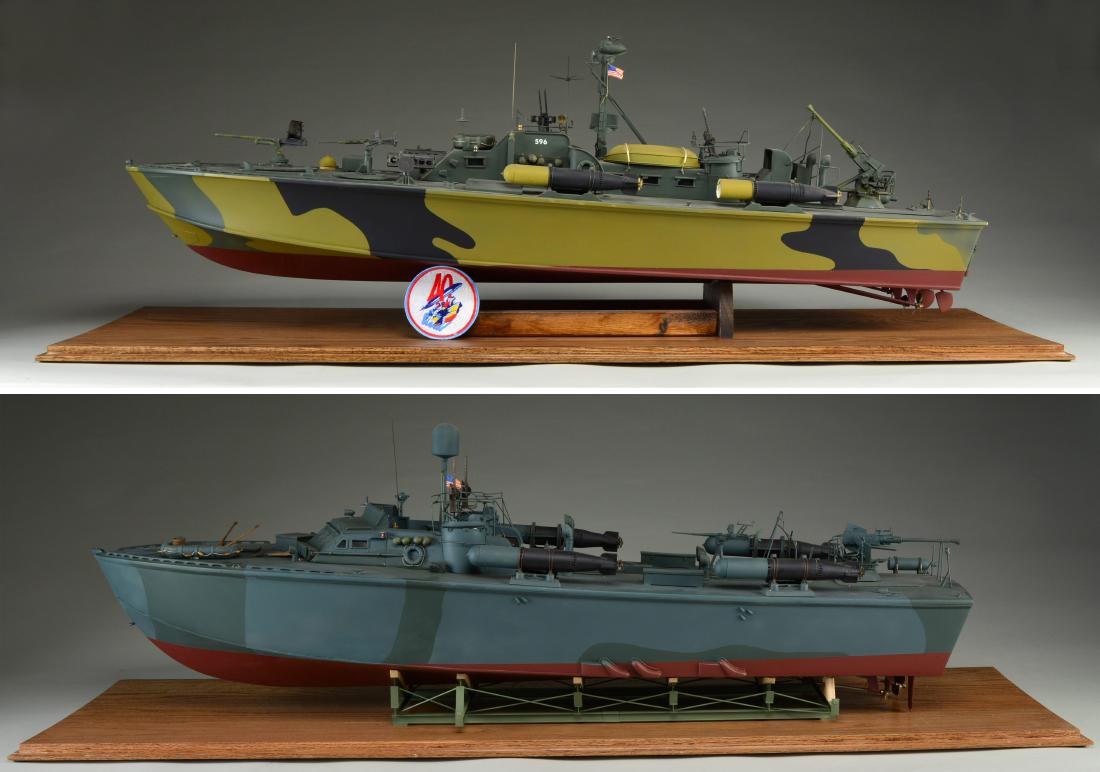 2 CASED SHIP MODELS.: 1) PT 596. Model of a late was 80 feet Eco PT boat known as the "Hellrazor". Case measures 54" x 18" x 17". CONDITION: very nice overall. (02-12213). 2) PT 462. An American PT boat. UNATTACHED ACCESSO