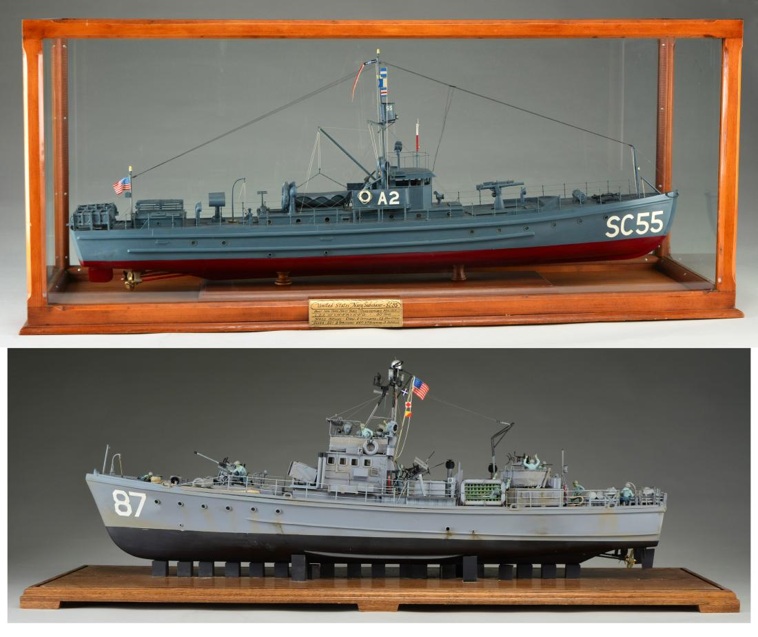 2 CASED MODELS.: 1) CLASSIC SUB CHASER. Built in 1918. Many of these WWI 110 foot SC's were later used by Allies in WWII. Case measures 45" x 19" x 15". CONDITION: very good overall. (02-12217). 2) SUBMARINE CHASER IS