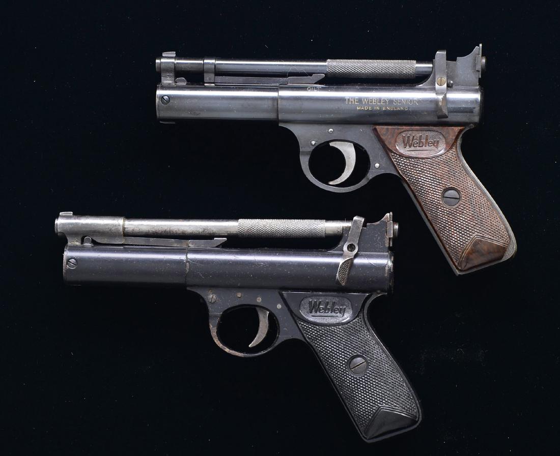 2 WEBLEY & SCOTT AIR PISTOLS.: 1) PREMIER SERIES A. Cal. 22. 310 FPS. NSN. Bbl. 6 3/4" w/ rifled bore. Bbl. has knurled gripping section forward of rear sight. Single stroke bbl. cocking spring action. Last of the traditional forge