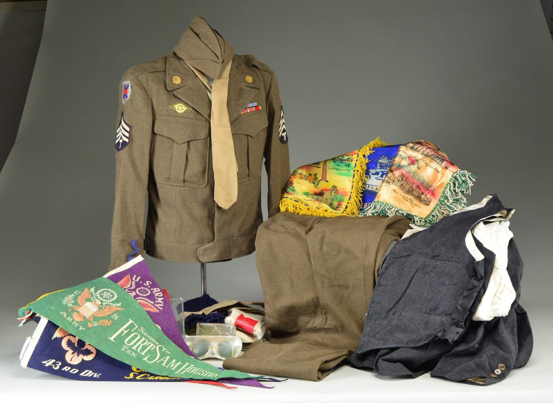 INTERESTING GROUP OF WWII MILITARY UNIFORM &: SOUVENIER MILITARY RELATED PENNANTS & SASHES. Uniform consists of wool Ike jacket, wool trousers & overseas cap. Richard Bryant Unit 158th Quartermaster Bakery detachment uniform carries the following