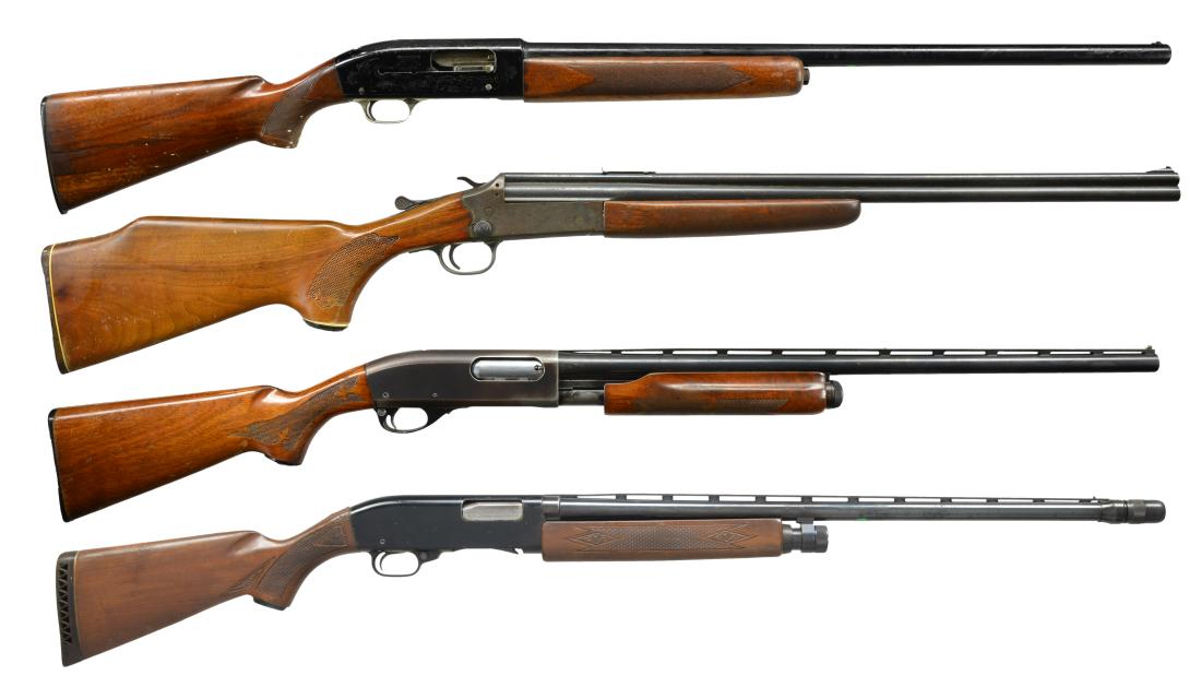 3 SHOTGUNS & 1 COMBO GUN.: 1) WINCHESTER MODEL 59 SEMI AUTO SHOTGUN. Cal. 12 Ga. S# 3449. Bbl. 28" choked mod. 2 3/4" Chamber. Anodized black receiver w/ black fiberglass covered bbl. Gold anodized trigger guard. Checkered waln