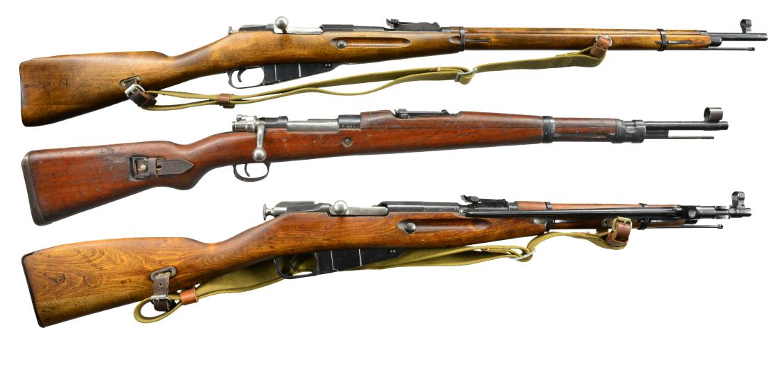 3 MILITARY BOLT ACTION RIFLES BY IZHEVSK AND: YUGOSLAVIA. 1) IZHEVSK MODEL 91/30. Cal. 7.62X54R. S# 9130023148. Bbl. 28 3/4". Import marked on left side of hex receiver. Bbl. marked on top in cyrillic w/ hammer & sickle in wreath plus bow & arrow