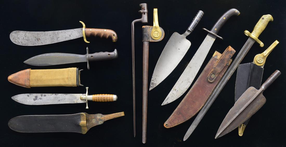 8 US MILITARY KNIVES, BOLOS & BAYONETS.: 1) US M1887 HOSPITAL CORPS KNIFE. Overall length: 16 3/4". Blade is etched "HOSPITAL CORPS. U.S. ARMY.". Knife is stamped "16" under ricasso. Plate brass guard & pommel. 1 Piece ribbed wood grip. Leat