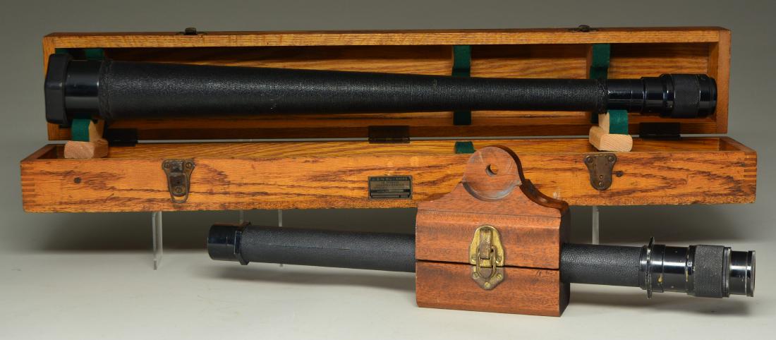 2 U.S. NAVY WW II SPYGLASSES.: 1) 16 power spyglass 31" long w/ 2 1/2" objective lens. Cord wrapped tapered tube w/ black enamel finish. Eye piece marked U.S. NAVY SPYGLASS / QUARTERMASTER MARK II 16 POWER / BU.SHIPS SERIAL 13812 1