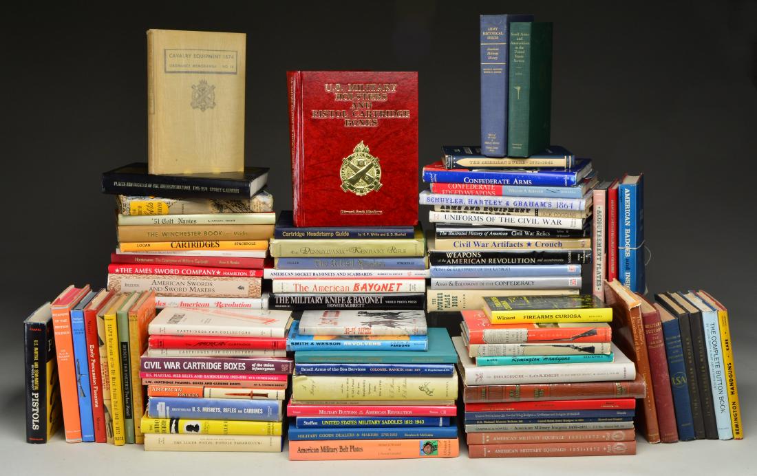 INTERESTING GROUP OF FIREARMS & MILITARIA BOOKS.: Includes hard cover & soft cover books. Includes books on military buttons, insignias, swords, arms & equipment. Notable examples include Colt Firearms by Serven. / The Story of Colt Revolvers by Edwa