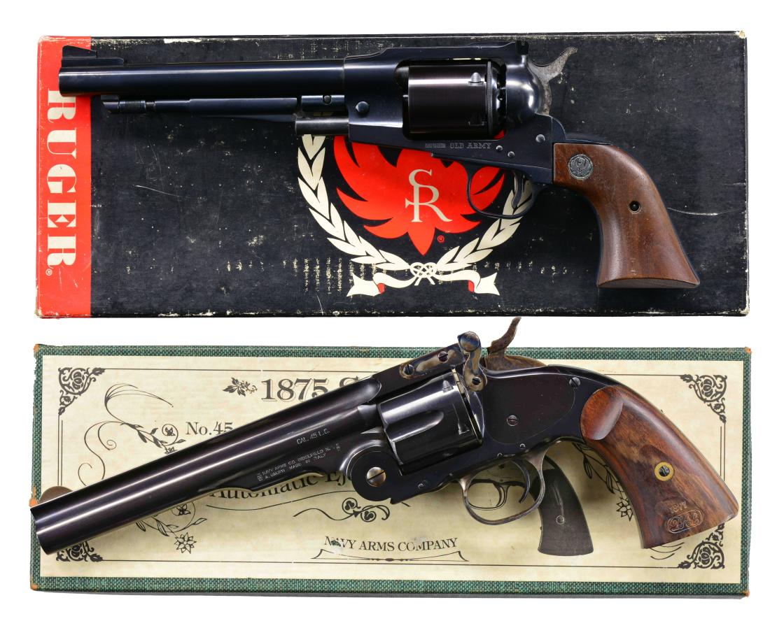 RUGER OLD ARMY CARTRIDGE CONVERSION & NAVY ARMS: 1875 SCHOFIELD REVOLVERS. 1) RUGER OLD ARMY. Cal. 45 Colt. S# 140-06883. Bbl. 7 1/2". w/ 45 Colt Conv. cyl. Left side of frame under cyl. is marked "RUGER OLD ARMY". Ruger wooden grips w/ silver eagle