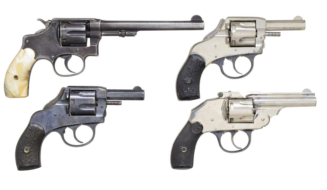 4 VINTAGE DA AMERICAN REVOLVERS.: ALL have proper mechanical functioning. 1) SMITH & WESSON 32 HAND EJECTOR. Cal. 32 S&W Long. S# 152981. Second Model Mfg. 1910-1917 w/ 6" bbl. Referred to as 5th change Model of 1903. Blued finish w/
