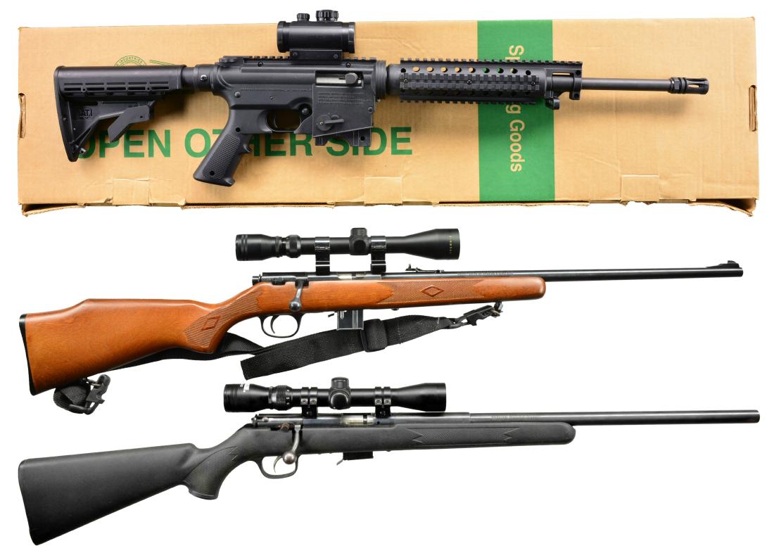3 RIFLES BY MOSSBERG, MARLIN & SAVAGE.: 1) MOSSBERG MODEL 715T SEMI AUTO CARBINE. Cal. 22 LR. S# ELH3465087. Bbl. 16 1/4" w/ A1 flash hider. AR15 look alike mfg. in Brazil by CBC for Mossberg. Picatinny rail on flat top upper having Barska
