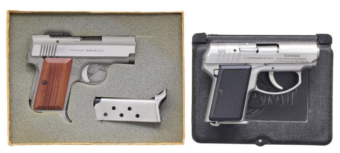 2 AMT BACKUP SMALL FRAME SEMI AUTO PISTOLS.: ALL: Cal. 380 ACP. Compact stainless pistols made in CA. Striker fired & butt mag. latches. CONDITION: all aspects of both near excellent. 1) S# DA19415. Redesigned variation w/ all external levers re