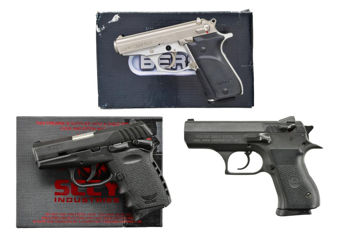 3 MODERN DOUBLE STACK SEMI-AUTO PISTOLS.: 1) BERSA THUNDER 380 PLUS. Cal 380 ACP. S# C23324. Latest Plus DA model w/ satin nickel slide having matte rib & fixed 3 dot sights. Hooked combat trigger guard on silver alloy frame w/ key lock safet