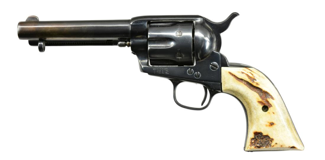COLT FRONTIER SIX SHOOTER 1ST GENERATION SAA: REVOLVER. Cal. 44-40. S# 42994. Bbl. shortened to 4 7/8" w/ reattached blade front sight. Black powder frame. 6 Shot fluted cyl. Aftermarket 2 piece stag grips. Mfg. 1878. CONDITION: polished & reblue