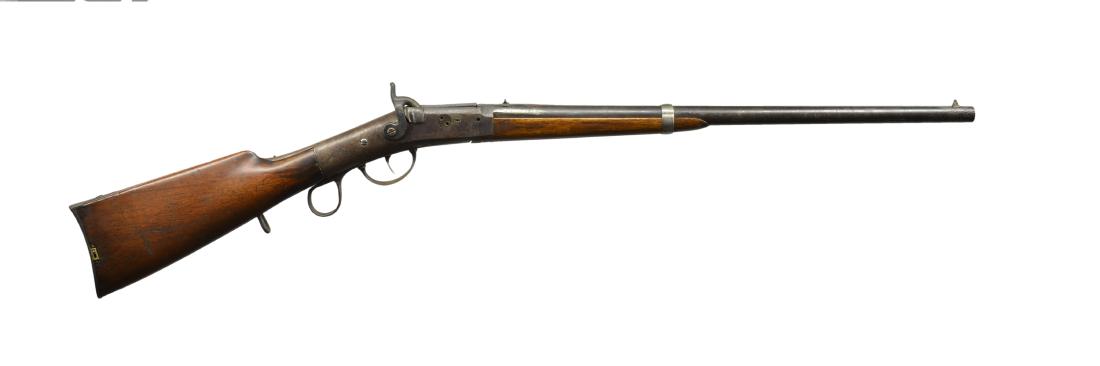 PERRY NAVY TYPE BREECHLOADING PERCUSSION CARBINE.: Cal. 54. S# 81. Bbl. 21 5/8" rnd. w/ replacement blade front sight & fixed U notch rear sight. Long frame lever action w/ breechblock that pivots upward for loading. Breechblock has partially visible 