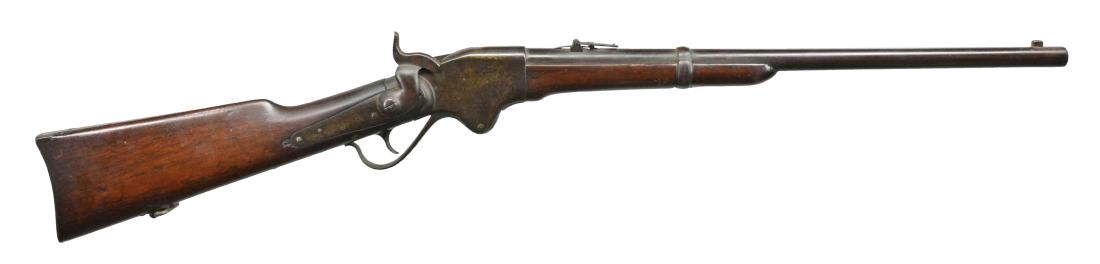 "AS FOUND" CIVIL WAR MODEL 1860 SPENCER: CARBINE. Cal. 52. S# 24795. Bbl. 22". Standard configuration of an early production Spencer carbine in completely unaltered & untouched "attic brown condition". CONDITION: very good. Metal as noted is