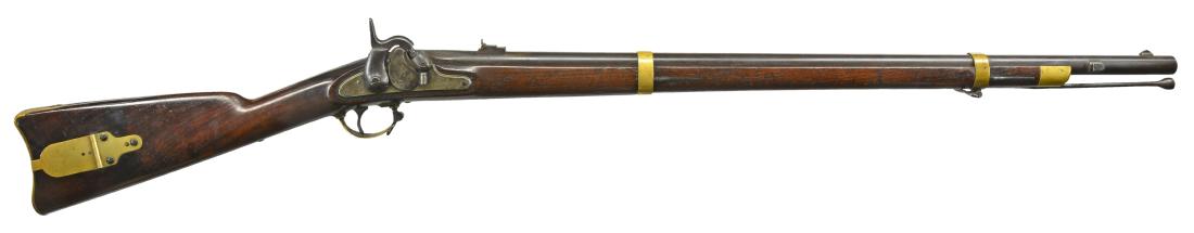 RARE BRASS MOUNTED MODEL 1855 HARPER'S FERRY: RIFLE. Cal. 58. NSN. Bbl. 33". Brass mounted Harper's Ferry rifles are of the earliest production & are quite rare. It is easier to find a Fayetteville rifle, which is Confederate copy made from the H